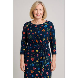 T Tahari Women's Floral Print Wrap Style Dress Sz 10 Navy Round Neck Classy Chic